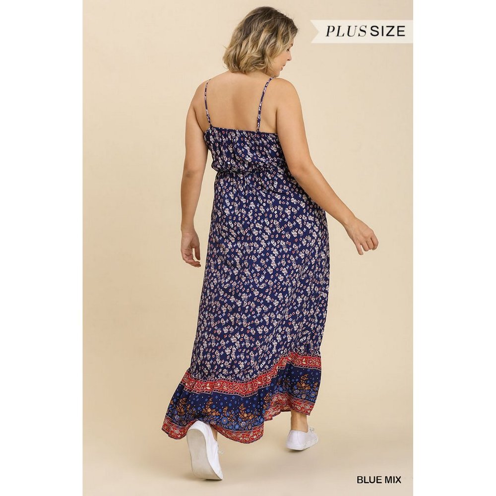 Umgee Plus Blue Mix Print Half Button Sleeveless Ruffle Hem Maxi Dress - Picture 4 of 4